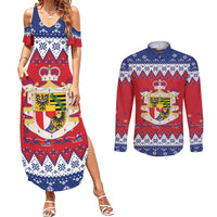 Liechtenstein Christmas Couples Matching Summer Maxi Dress and Long Sleeve Button Shirt Coat Of Arms Frohe Weihnachten - Wonder Print Shop