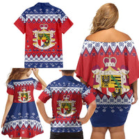 Liechtenstein Christmas Family Matching Off Shoulder Short Dress and Hawaiian Shirt Coat Of Arms Frohe Weihnachten - Wonder Print Shop