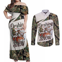 Santa Deer Hunting Christmas Couples Matching Off Shoulder Maxi Dress and Long Sleeve Button Shirt Hunting Camouflage Patterns - Wonder Print Shop