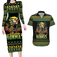 Merry Hunmas Couples Matching Long Sleeve Bodycon Dress and Hawaiian Shirt Hunter Deer Santa Hat - Wonder Print Shop