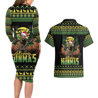 Merry Hunmas Couples Matching Long Sleeve Bodycon Dress and Hawaiian Shirt Hunter Deer Santa Hat - Wonder Print Shop