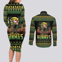 Merry Hunmas Couples Matching Long Sleeve Bodycon Dress and Long Sleeve Button Shirt Hunter Deer Santa Hat - Wonder Print Shop