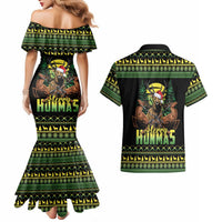 Merry Hunmas Couples Matching Mermaid Dress and Hawaiian Shirt Hunter Deer Santa Hat - Wonder Print Shop