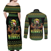 Merry Hunmas Couples Matching Off Shoulder Maxi Dress and Long Sleeve Button Shirt Hunter Deer Santa Hat - Wonder Print Shop