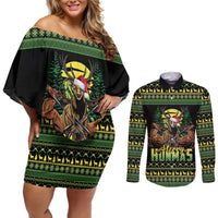 Merry Hunmas Couples Matching Off Shoulder Short Dress and Long Sleeve Button Shirt Hunter Deer Santa Hat - Wonder Print Shop