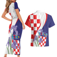 Croatia Hrvatska Checkerboard Couples Matching Short Sleeve Bodycon Dress and Hawaiian Shirt Coat Of Arms With Iris Croatica