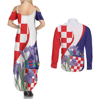 Croatia Hrvatska Checkerboard Couples Matching Summer Maxi Dress and Long Sleeve Button Shirt Coat Of Arms With Iris Croatica