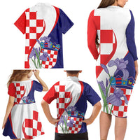 Croatia Hrvatska Checkerboard Family Matching Long Sleeve Bodycon Dress and Hawaiian Shirt Coat Of Arms With Iris Croatica