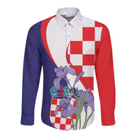 Croatia Hrvatska Checkerboard Long Sleeve Button Shirt Coat Of Arms With Iris Croatica