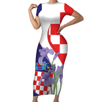 Croatia Hrvatska Checkerboard Short Sleeve Bodycon Dress Coat Of Arms With Iris Croatica