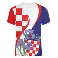 Croatia Hrvatska Checkerboard Women V-Neck T-Shirt Coat Of Arms With Iris Croatica