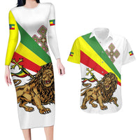 Ethiopia Couples Matching Long Sleeve Bodycon Dress and Hawaiian Shirt Lion Of Judah Emblem With Cross - Wonder Print Shop