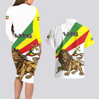 Ethiopia Couples Matching Long Sleeve Bodycon Dress and Hawaiian Shirt Lion Of Judah Emblem With Cross - Wonder Print Shop