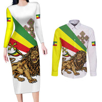 Ethiopia Couples Matching Long Sleeve Bodycon Dress and Long Sleeve Button Shirt Lion Of Judah Emblem With Cross - Wonder Print Shop