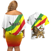 Ethiopia Couples Matching Off Shoulder Short Dress and Hawaiian Shirt Lion Of Judah Emblem With Cross - Wonder Print Shop