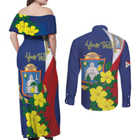 Personalized Sint Maarten Flag Day Couples Matching Off Shoulder Maxi Dress and Long Sleeve Button Shirt 40th Anniversary Semper Progrediens