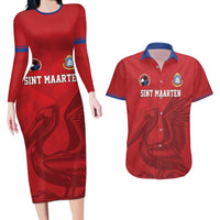 Custom Sint Maarten Football Red Version Couples Matching Long Sleeve Bodycon Dress and Hawaiian Shirt Go Champion