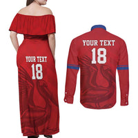 Custom Sint Maarten Football Red Version Couples Matching Off Shoulder Maxi Dress and Long Sleeve Button Shirt Go Champion