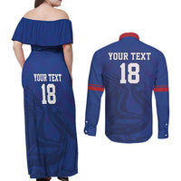 Custom Sint Maarten Football Blue Version Couples Matching Off Shoulder Maxi Dress and Long Sleeve Button Shirt Go Champion