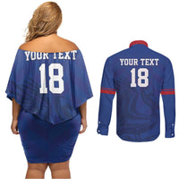 Custom Sint Maarten Football Blue Version Couples Matching Off Shoulder Short Dress and Long Sleeve Button Shirt Go Champion