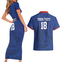 Custom Sint Maarten Football Blue Version Couples Matching Short Sleeve Bodycon Dress and Hawaiian Shirt Go Champion
