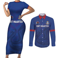 Custom Sint Maarten Football Blue Version Couples Matching Short Sleeve Bodycon Dress and Long Sleeve Button Shirt Go Champion