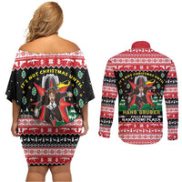 Nakatomi Plaza Christmas Couples Matching Off Shoulder Short Dress and Long Sleeve Button Shirt Hans Gruber Party 1988 - Wonder Print Shop
