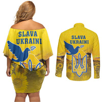 Ukraine Monument Independence Day Couples Matching Off Shoulder Short Dress and Long Sleeve Button Shirt Glory to Ukraine!