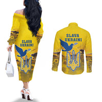 Ukraine Monument Independence Day Couples Matching Off The Shoulder Long Sleeve Dress and Long Sleeve Button Shirt Glory to Ukraine!