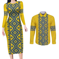 Blue Ukraine Folk Patterns Couples Matching Long Sleeve Bodycon Dress and Long Sleeve Button Shirt Simple Style