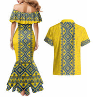 Blue Ukraine Folk Patterns Couples Matching Mermaid Dress and Hawaiian Shirt Simple Style