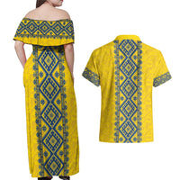 Blue Ukraine Folk Patterns Couples Matching Off Shoulder Maxi Dress and Hawaiian Shirt Simple Style