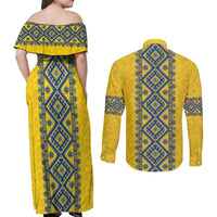 Blue Ukraine Folk Patterns Couples Matching Off Shoulder Maxi Dress and Long Sleeve Button Shirt Simple Style