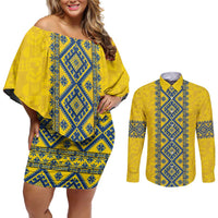 Blue Ukraine Folk Patterns Couples Matching Off Shoulder Short Dress and Long Sleeve Button Shirt Simple Style