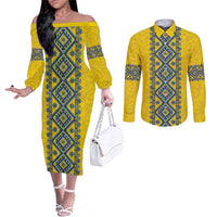 Blue Ukraine Folk Patterns Couples Matching Off The Shoulder Long Sleeve Dress and Long Sleeve Button Shirt Simple Style