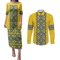 Blue Ukraine Folk Patterns Couples Matching Puletasi and Long Sleeve Button Shirt Simple Style