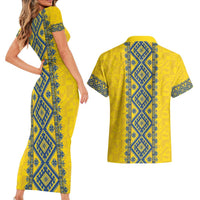 Blue Ukraine Folk Patterns Couples Matching Short Sleeve Bodycon Dress and Hawaiian Shirt Simple Style
