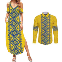 Blue Ukraine Folk Patterns Couples Matching Summer Maxi Dress and Long Sleeve Button Shirt Simple Style