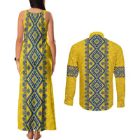 Blue Ukraine Folk Patterns Couples Matching Tank Maxi Dress and Long Sleeve Button Shirt Simple Style