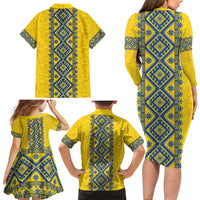 Blue Ukraine Folk Patterns Family Matching Long Sleeve Bodycon Dress and Hawaiian Shirt Simple Style