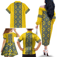Blue Ukraine Folk Patterns Family Matching Off The Shoulder Long Sleeve Dress and Hawaiian Shirt Simple Style