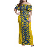 Blue Ukraine Folk Patterns Family Matching Off Shoulder Maxi Dress and Hawaiian Shirt Simple Style