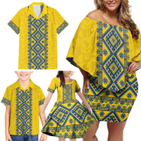 Blue Ukraine Folk Patterns Family Matching Off Shoulder Short Dress and Hawaiian Shirt Simple Style