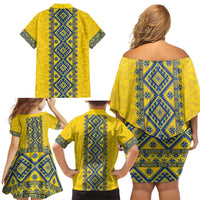 Blue Ukraine Folk Patterns Family Matching Off Shoulder Short Dress and Hawaiian Shirt Simple Style