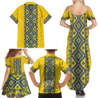 Blue Ukraine Folk Patterns Family Matching Summer Maxi Dress and Hawaiian Shirt Simple Style