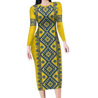 Blue Ukraine Folk Patterns Long Sleeve Bodycon Dress Simple Style