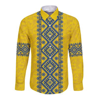 Blue Ukraine Folk Patterns Long Sleeve Button Shirt Simple Style