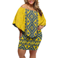 Blue Ukraine Folk Patterns Off Shoulder Short Dress Simple Style