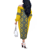 Blue Ukraine Folk Patterns Off The Shoulder Long Sleeve Dress Simple Style