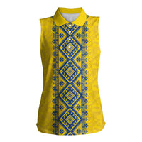 Blue Ukraine Folk Patterns Women Sleeveless Polo Shirt Simple Style